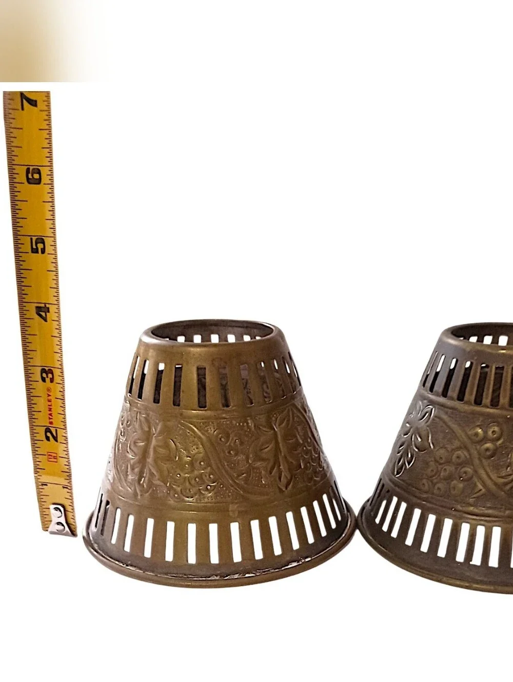 2 Vintage Brass Candle Votive Shades Pair Pierced Embossed Grape Floral Patina